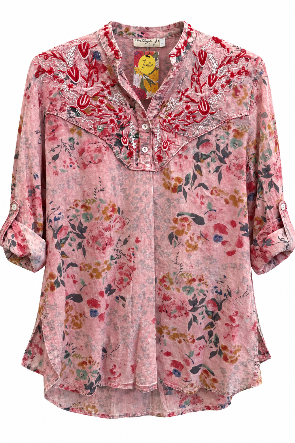 Trestles Clothing Company pink floral cotton boho blouse with mandarin collar and intricate front yoke embroidery